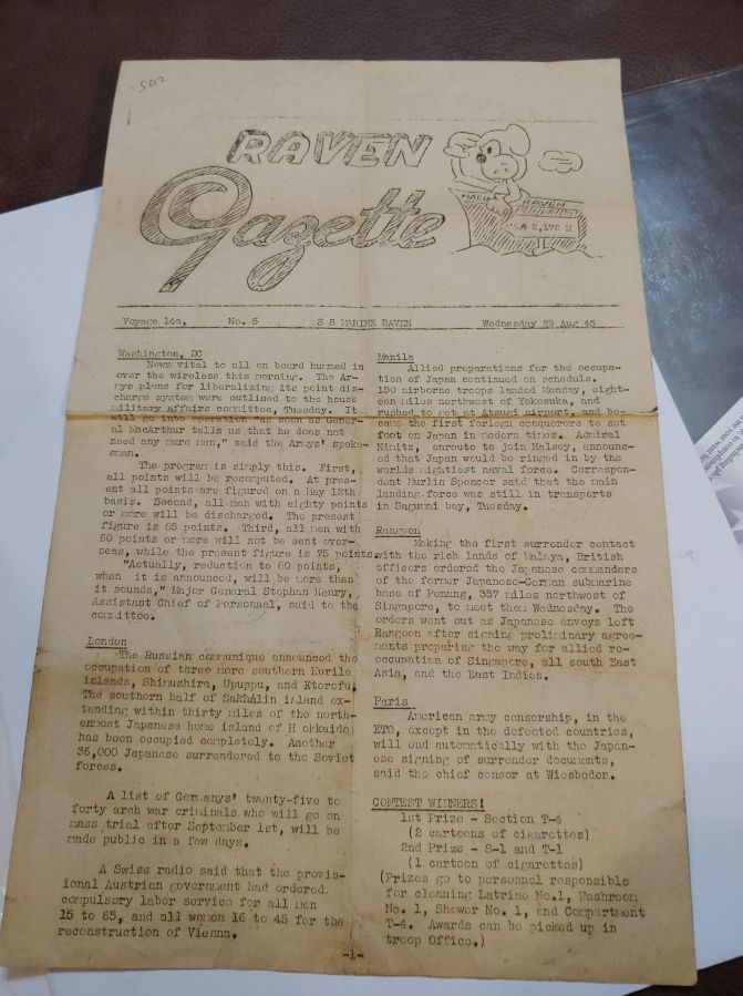 “Onboard Newsletter” for SS MARINE RAVEN, a Liberty Troop Carrier Ship during WWII dated 29 August 1945. Very&nbsp;Interesting.